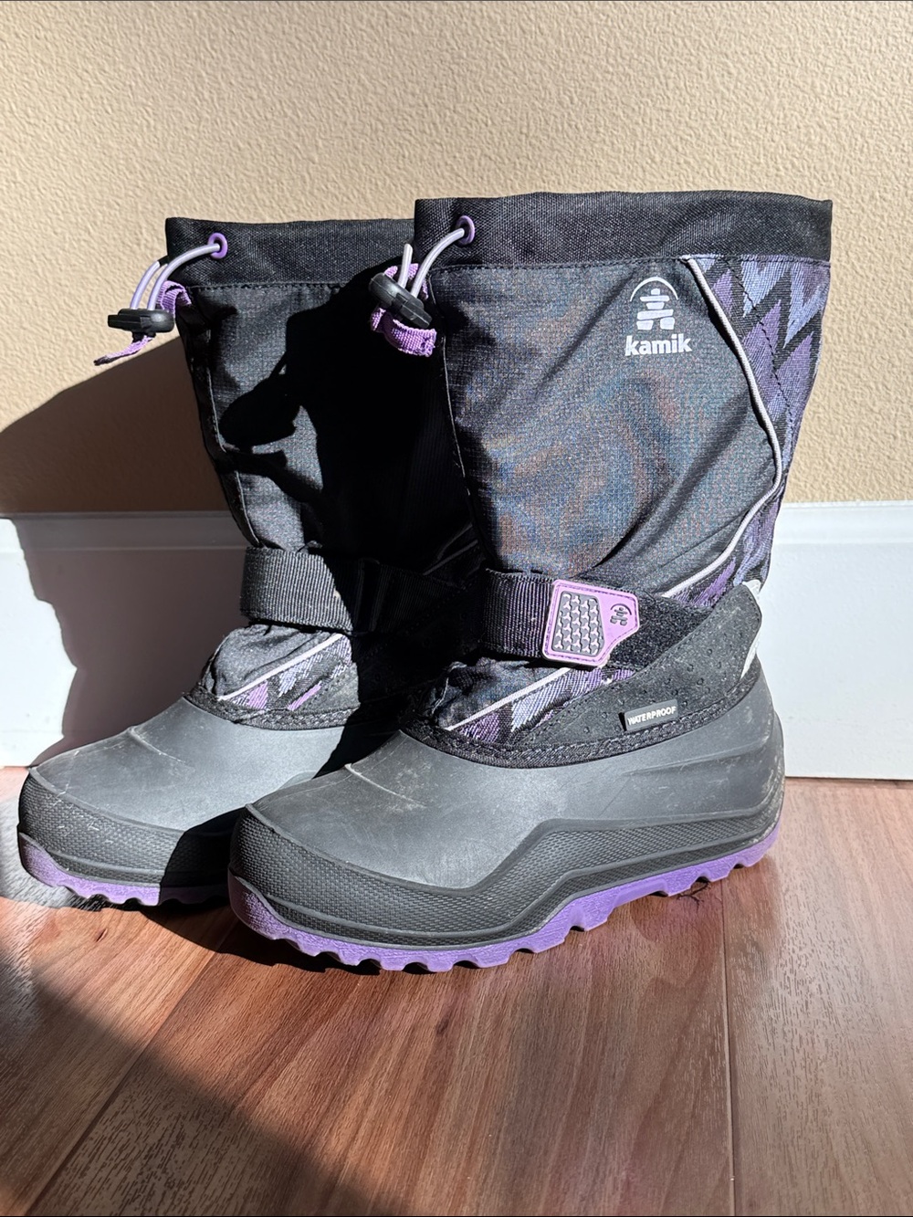 Kamik Black and Purple Insulated Rain and Snow Boots